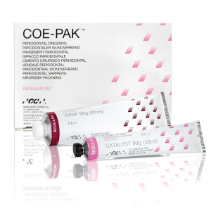 GC Coe-Pak пластмасса стоматологическая (двухкомпонентная безэвгенольная, для парадонтальных повязок), набор в составе: туба с базой (90 г.), туба с катализатором (90 г.).