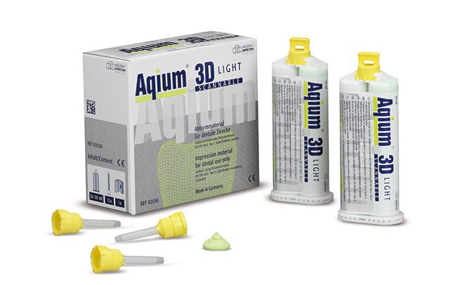 Слепочная масса А-силиконовая Aqium 3D LIGHT в двойном картридже (2x50 мл), насадки смесительные NT желтые - 12 шт./уп.