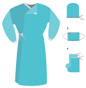 Одноразовая одежда - Комплект одежды хирурга КХ-01, стерильный ( халат, маска, бахилы, шапочка-колпак)